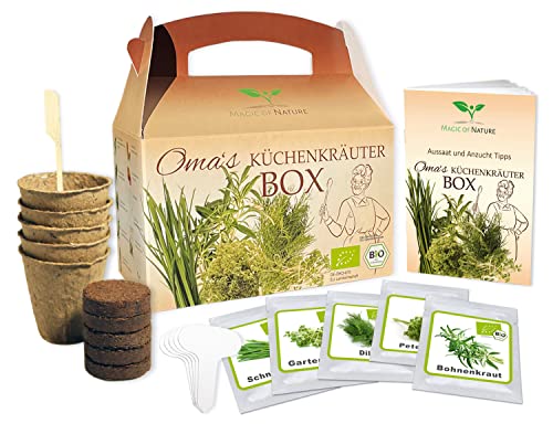 Magic of Nature Oma`s Küchenkräuter Box - Anzuchtset - 5 Sorten frische BIO Kräuter Samen - Zum Selberzüchten oder zum Verschenken