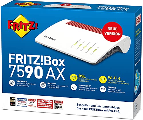AVM FRITZ!Box 7590 AX (Wi-Fi 6 Router mit 2.400 MBit/s (5GHz) & 1.200 MBit/s (2,4 GHz),bis zu 300 MBit/s mit VDSL-Supervectoring 35b,WLAN Mesh,DECT-Basis,deutschsprachige Version)