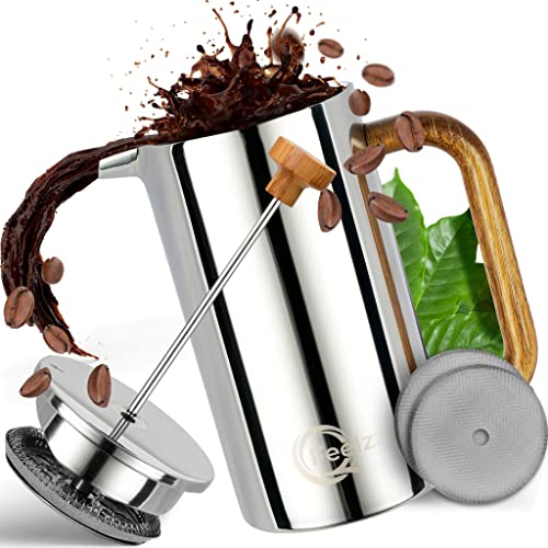 QFeelzz French Press – Edelstahl Kaffeebereiter mit Holzelementen – Thermo Kaffeepresse [Silber-Design] inkl. Ersatzfilter (600ml) – Hochwertiger Kaffeezubereiter für unterwegs – Doppelwandig