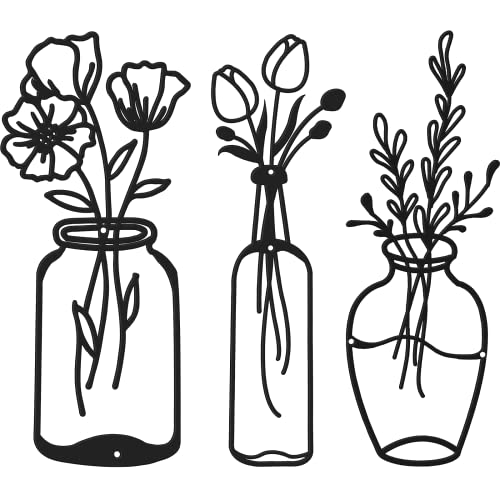 3 Stück Metall Blume Wanddekor Minimalistische Vase Wandkunst Schwarze Tulpe Draht Eisen Dekor Blumen Wandskulptur für Küche Badezimmer Wohnzimmer (Elegant, Love, Eternity)