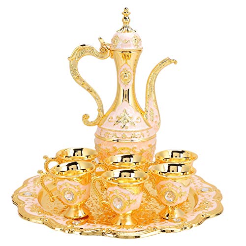 Vintage türkisches Kaffeekannen-Set, türkisches Tee-Set mit 6 Kaffeetassen, Goldener Wein-Dekanter und Gläser-Set, türkisches Kupfer-Kaffeetassen-Set für Home Tea Party(one Size-Weiß und Pink)