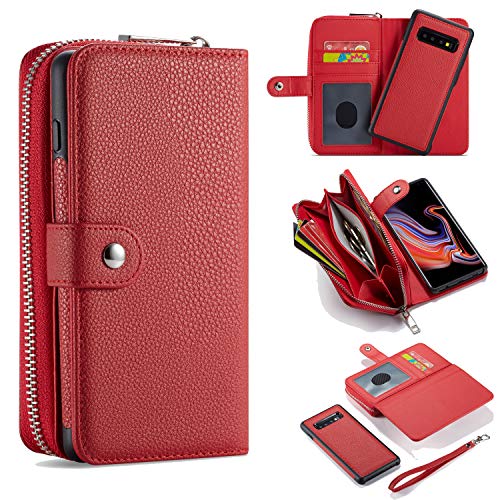 für Samsung Galaxy Note 9 2018 Brieftaschen, [Große Kapazität] [Abnehmbar Magnetisch] 2-in-1 Ledertasche mit Reißverschluss und Handschlaufe, Ständer, Kartenhalter für Samsung Galaxy Note 9 2018 - Rot