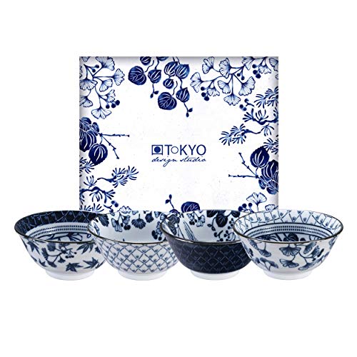 TOKYO design studio Flora Japonica 4-er Schalen-Set blau-weiß, Ø 14,8 cm, 7 cm hoch, ca. 500 ml, asiatisches Porzellan, Japanisches Blumen-Design, inkl. Geschenk-Verpackung