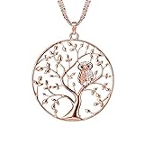 Lange Halskette für Frauen, Baum des Lebens mit Eule Anhänger Halskette für Mädchen Rose Gold und Silber Halskette mit CZ Crystal Kette Halskette (Roségold)