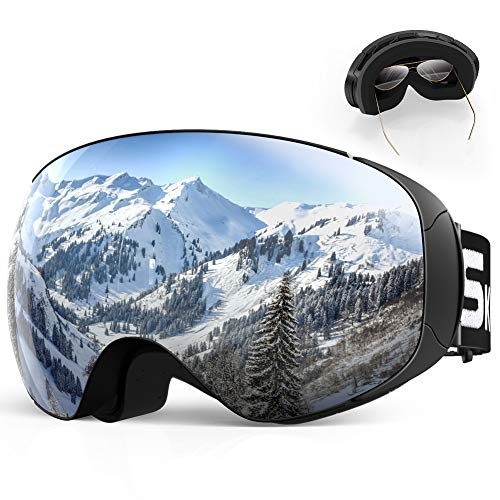 SKEY Skibrille Herren und Damen Snowboard Brille Doppel-Objektiv Anti-Fog UV-Schutz Winddicht Motocross Helmkompatible Magnetisch Verspiegelt Wechselobjektive für Ski Goggles Brillenträger OTG Silber