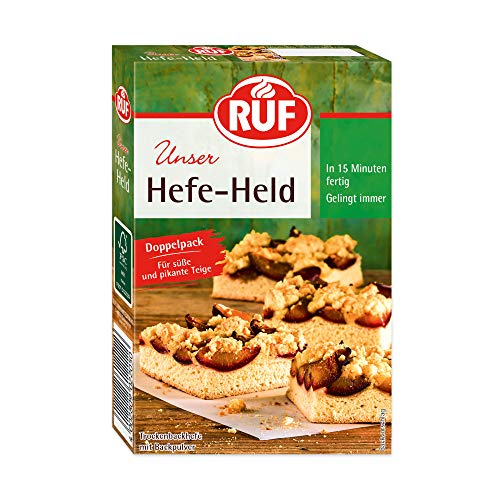 RUF Hefe-Held, Trockenbackhefe und Backpulver vereint, süßer Pflaumenkuchen oder pikanter Pizzateig, gelingt immer, glutenfrei und vegan, 2x32g