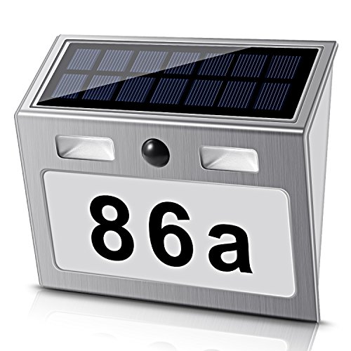 Solar beleuchtete Hausnummer mit 7 LEDs, ECHTPower Solar Hausnummer Solar Hausnummerleuchte mit Dämmerungsschalter Bewegungsmelder aus Edelstahl, umweltfreundlich, weiß2