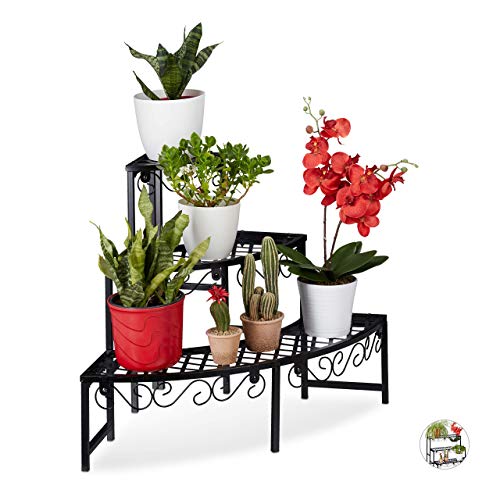 Relaxdays Blumentreppe aus Metall, Eck Blumenregal mit 3 Ebenen, halbrund, für den Garten, Balkon oder Terrasse, schwarz, 62 x 83 x 57 cm