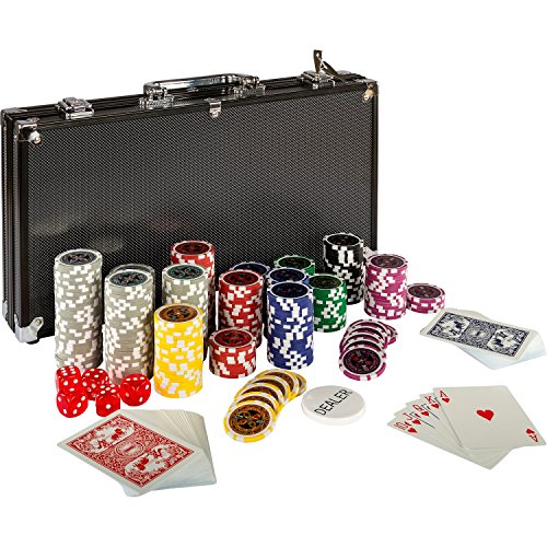 GAMES PLANET Pokerkoffer, 300 12g Laser-Chips mit Metallkern, Koffer aus Aluminium, Silver oder Black Edition, bestehend aus 2X Pokerdecks, Dealer Button, 5 Würfel - Auswahl: Black Edition