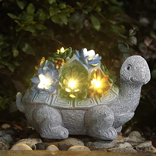 FLOWood Gartenfiguren Schildkröte Gartendeko für Draußen, Geschenke für Mama mit Sukkulenten und Solar LED Lichtern, Figuren Gartenstatuen für Frauen/Schwiegermutter, für Zimmer Balkon Dekoration