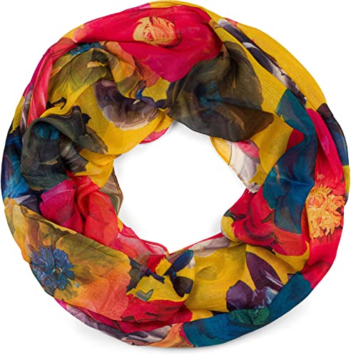 styleBREAKER Damen Loop Schal mit buntem Blumen Muster, leichter sommerlicher Schlauchschal mehrfarbig 01016217, Farbe:Gelb-Pink-Blau