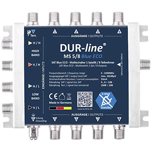 DUR-line MS 5/8 Blue eco Stromspar Multischalter - für 8 SAT Teilnehmer/TV - kein Netzteil notwendig - 0 Watt Standby Multiswitch [Digital, HDTV, FullHD, 4K, UHD]