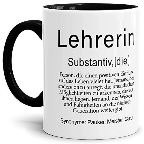 Tassendruck Tasse mit Definition Lehrerin - Wörterbuch/Geschenk-Idee/Dictionary/Beruf/Job/Arbeit/Innen & Henkel Schwarz