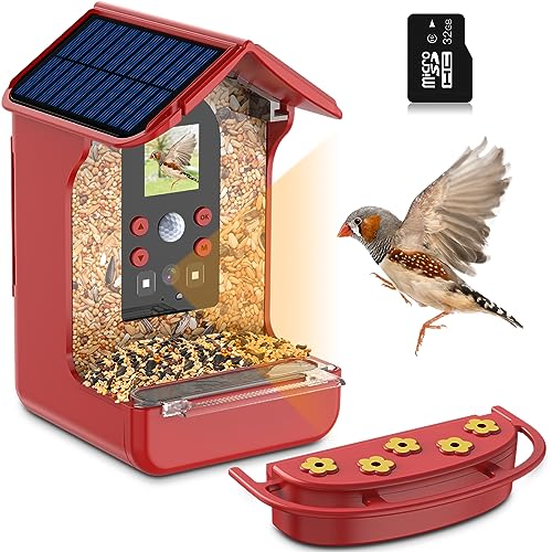 Cozion Vogelfutterhaus mit Solarenergie, Vogelhäuschen mit Kamera Gartenhäuschen, Automatisch PIR pyroelektrische Infrarot-Sensor Vögel, Futterstelle, Wildvögel, 17,8x10,1x13,5 cm - 32G (mit Solar)