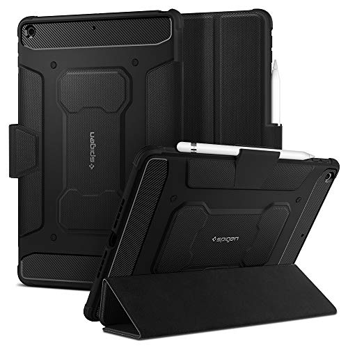 Spigen Rugged Armor Pro Kompatibel mit iPad 10.2, iPad 8. Generation Hülle (2020) / iPad 7. Generation Hülle (2019) mit Stifthalter/Trifold Stand Case Cover - Schwarz