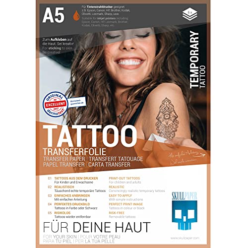 SKULLPAPER® temporäre Tattoo-Transferfolie FÜR DIE Haut - SEHR GUT getestet - für Tintenstrahldrucker (A5-6 Blatt)