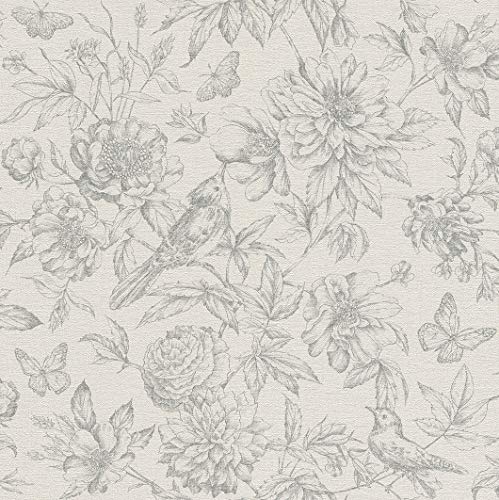 rasch Tapete 449440 aus der Kollektion Florentine II – Vliestapete in Grau mit floralem Muster im Vintage Stil – 10,05m x 53cm (L x B)