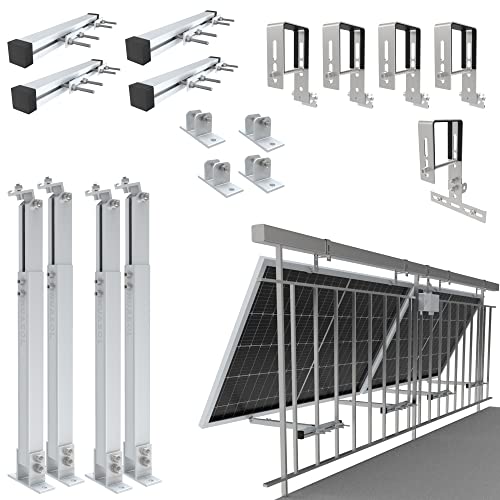 NuaSol - Balkonkraftwerkhalterung Geländer Befestigung für 2 Solarmodule und ein Wechselrichter Photovoltaik | Eckig | Set | Neigungswinkel 0° & 25-45°| Geländerbreite bis 80x80mm