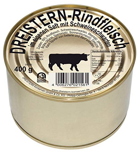 DREISTERN Rindfleisch im eigenen Saft 400g I leckeres Rindfleisch in der praktischen recycelbaren Goldlackdose I köstliches Rindfleisch - Qualität die schmeckt
