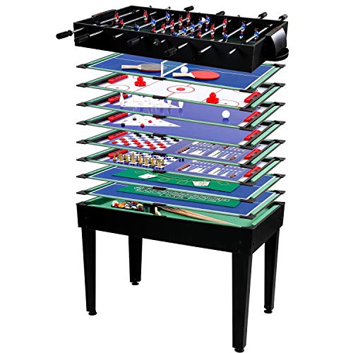GAMES PLANET Multigame Spieletisch Mega 15 in 1, inkl. komplettem Zubehör, Spieltisch mit Kickertisch, Billardtisch, Tischtennis, Speed Hockey UVM. in schwarzem Holzdekor