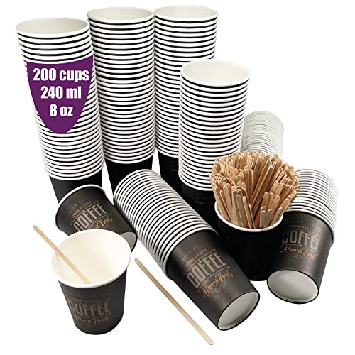 200 Einweg-Espressotassen aus Pappe 240 ml mit hölzernen Kaffeerührern. Kaffeebecher zum Mitnehmen.