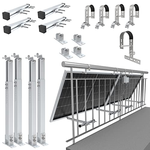 NuaSol - Balkonkraftwerkhalterung Geländer Befestigung für 2 Solarmodule und ein Wechselrichter Photovoltaik | rund | Set | Neigungswinkel 0° & 25-45°| Geländer Durchmesser bis 80mm