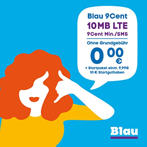 Blau 9 Cent (SIM, Micro-SIM und Nano-SIM), ohne Vertragslaufzeit, 10 MB/Monat mit LTE, nur 9 Cent/Min. in alle dt. Netze, 0€/Monat, inkl. 10€ Startguthaben, O2 Netz