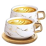 VETIN 2 Stücke Cappuccino Tassen mit Unterteller, 300 ml Espressotassen aus Porzellan für Tee Kaffee Cappuccino, Kaffee-Tassen mit Holzscheibe (Weiß*2)