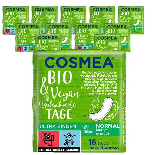 Cosmea Bio Ultra-Binden, Normal ohne Duft, Vorteilspack (12 x 16 Stk). Hygiene-Einlagen aus Bio-Baumwolle. Damen-Hygiene im Einklang mit der Natur