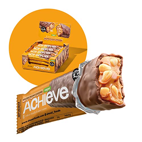ahead ACHIEVE – Keto Riegel – Salted Peanut Caramel Vegan – 16 x 35g – Low Carb Riegel ohne Zuckerzusatz mit veganer Schokolade – nur 5g Net Carbs pro vegane Süßigkeit
