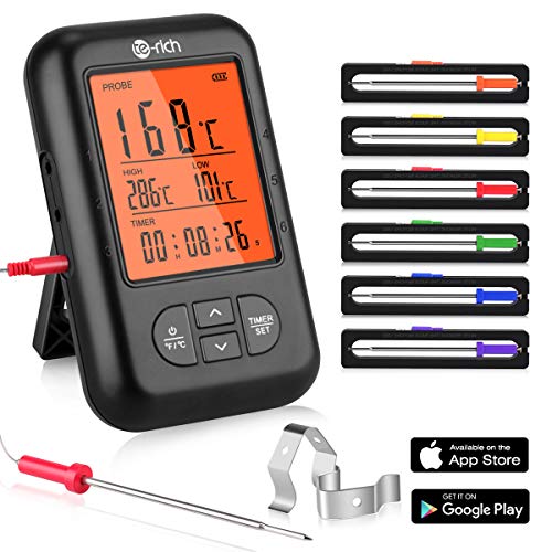 Te-Rich Bratenthermometer Bluetooth Grill Thermometer Digital Funk Küchenthermometer Wireless Küchenwecker Fleischthermometer für BBQ, Garraum, Smoker, Steak, Unterstützt IOS, Android, 6 Sonden