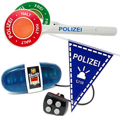 DDS Polizei Fahrrad Sirene und Wimpel - Polizeiset mit Polizeikelle, Fahrradwimpel und Polizeisirene Blaulicht | LED Licht Polizeilicht Zubehör Spielzeug für Kinder | Kelle inkl. Batterien (3er Set)