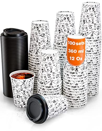 CupCup 100 Pappbecher 360ml 12 Oz mit Deckel - Kaffeebecher to Go Zum Servieren von Kaffee, Tee, heißen und kalten Getränken