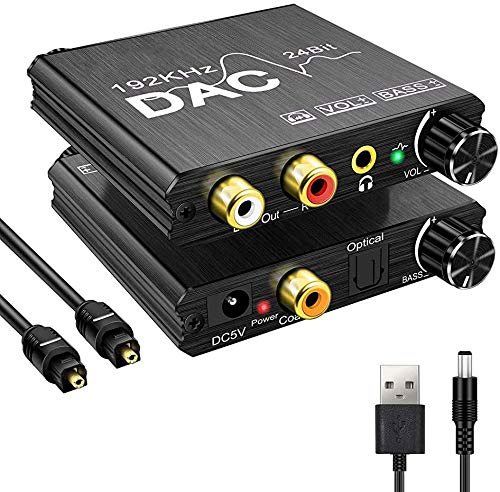 192kHz DAC Konverter Lautstärke Einstellbarer mit Bass Einstellknopf,Digital SPDIF Optisch Koaxial Toslink zu Analog Stereo L/R RCA 3,5mm mit Optisch Kabel für PS3/4, DVD,TV, HD Plasma,Xbox
