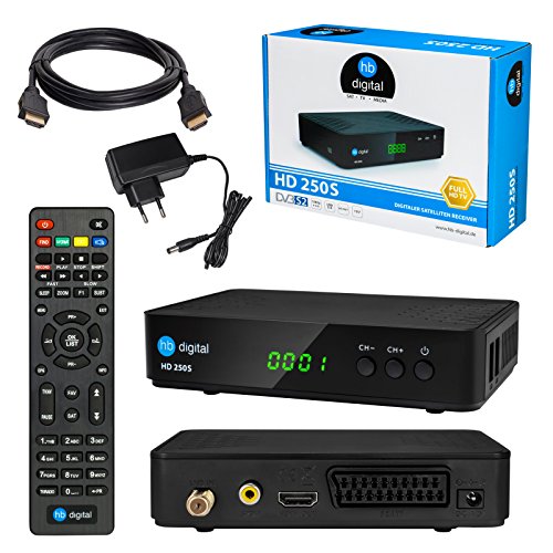 Satelliten SAT Receiver DVB-S DVB-S2 Set: HB DIGITAL HD 250S DVB-S/S2 Receiver + HDMI Kabel mit vergoldeten Anschlüssen (Full HD Ready, HDTV, HDMI, SCART, 2X USB 2.0, SPDIF Koaxial Ausgang, 12V)
