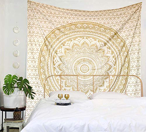 Raajsee Indisch Hippie Metallisch Gold Wandteppich Mandala, Indien Baumwolle weiß Golden groß Wandbehang, Boho Wandtuch Raumdekoration Queen Tapisserie 210x220 cms