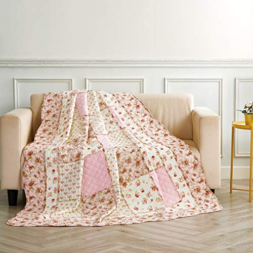 Unimall gesteppt Tagesdecke Mädchen Bettüberwurf Baumwolle Patchwork Decke 150x200 cm Rosa Blumen Rosen Landhausstil