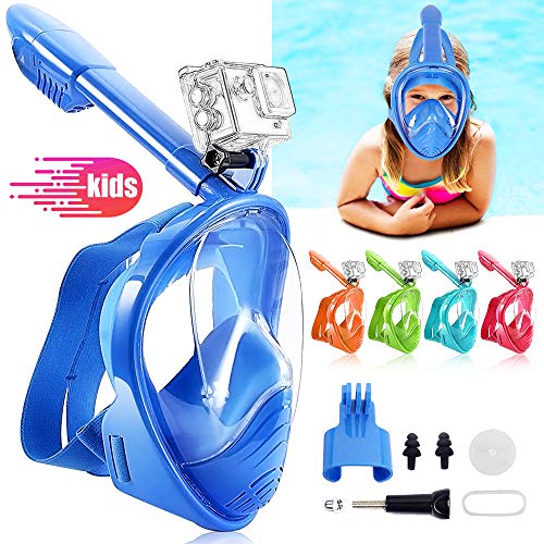 HINATAA Schnorchelmaske für Kinder, 180 ° Panoramablick, freies Atmen, Vollgesichtsmaske, Anti-Beschlag und Anti-Leck, geeignet für Kinder im Alter von 4-15 Jahren (Blau)