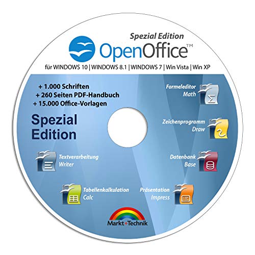 Open Office Spezial-Edition für Windows 11-10-8-7-Vista-XP | PC-Software mit 15.000 Vorlagen, 1.000 Schriften und PDF Handbuch | Dokumente, Kalkulationstabellen und Präsentationen erstellen