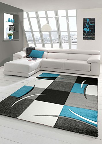 Designer Teppich Moderner Teppich Wohnzimmer Teppich Kurzflor Teppich mit Konturenschnitt Karo Muster Türkis Grau Weiß Schwarz Größe 80x150 cm