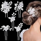 MELLIEX 5 Stück Hochzeit Haarnadeln, Blumen Perlen Braut Haarschmuck Silber Brautschmuck Haare U-förmig Hochzeit Haarspangen für Frauen Mädchen