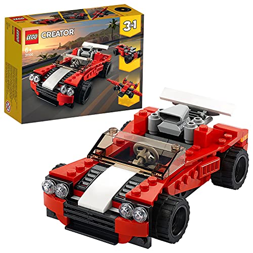 LEGO 31100 Creator 3-In-1 Sportwagen Spielzeug Set mit Spielzeugauto, Flugzeug und Hot Rod, Spielzeug aus Bausteinen, für Jungen und Mädchen ab 6 Jahre