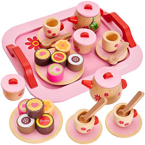 BUYGER Teeservice Tee Set Kinder Holz Puppengeschirr Kaffeeservice Spielzeug mit Lebensmittel Kinderküche Holz für Kinder ab 3 4 Jahre (Rosa)
