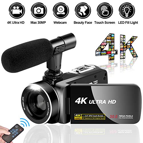 Videokamera Camcorder Ultra HD 4K 30MP Camcorder Kamera mit Mikrofon und Fernbedienung 3.0'IPS Touchscreen Digitalkamera für YouTube Videokamera