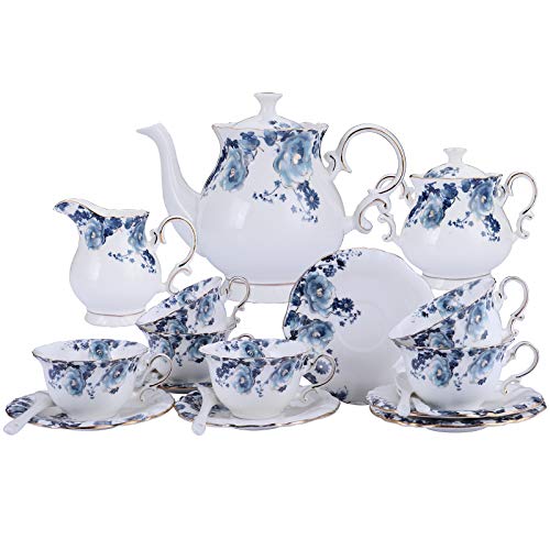 fanquare 15 Stück Blaue Blumen Porzellan Tee Sets,Vintage Keramik Kaffeeset,Hochzeit Tee Service für Erwachsene