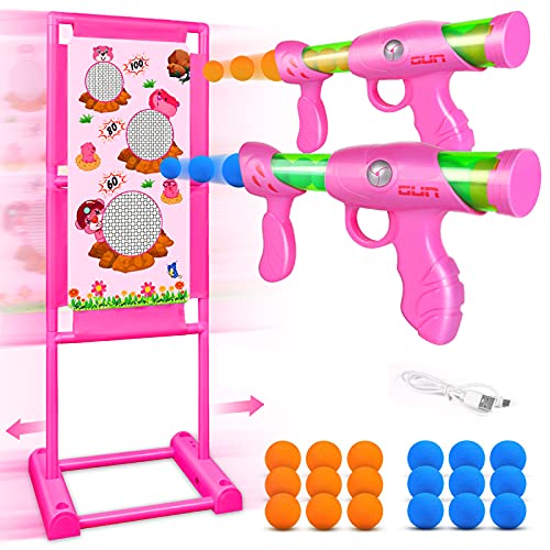 DX DA XIN Bewegliche Zielscheibe Set, Ziel Schießen Spielzeugpistolen für Kinder mit 2Pcs Popper Gun Dual Battle Pistole und 18 Schaumbälle Spielzeug für Jungen und Mädchen, 110 x 42 cm, Heiß rosa