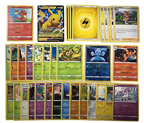 Pokemon Karten deutsch 50 Verschiedene Pokemon Karten + 1 V/GX/EX/VMAX + 1 Seltene - 1 Reverse Holo 1 zufällige Pikachu, Glumanda, Bauz, Evoli Originale aktuelle Sets + 1 Heartforcards® Toploader