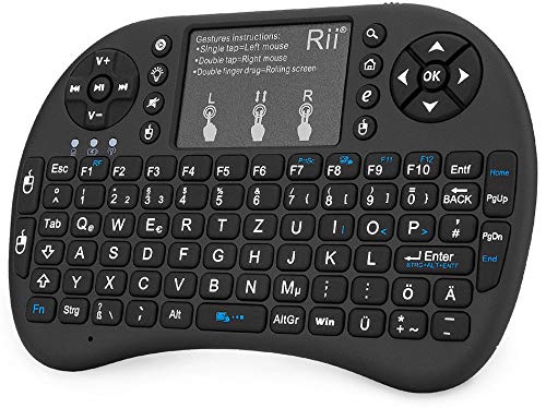 Rii Mini i8+ Schwarz mit Hintergrundbeleuchtung - Mini Wireless Tastatur mit Multitouch Touchpad perfekt für KODI, XBMC, Smart TV, Raspberry Pi, Mini PC, HTPC, Mac, Linux, Android, Windows 7, 8, 10 (2,4 GHz Funk)