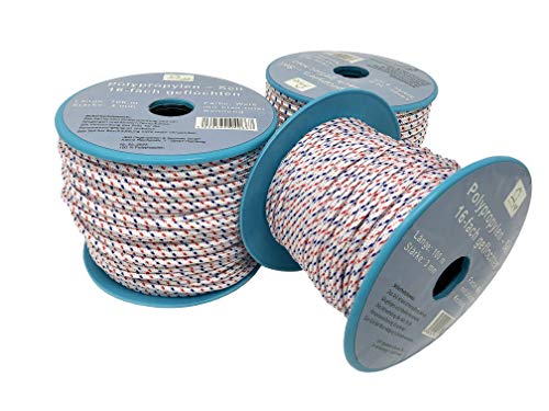Seil auf Rolle - 4 mm x 100 m weiß/blau/rot Polypropylenseil PP, Festmacherleine, Allzweckseil, Strick, Leine, Flechtleine - Bruchlast: 180 kg - 100 m - Rolle (€ 0,14 / m)