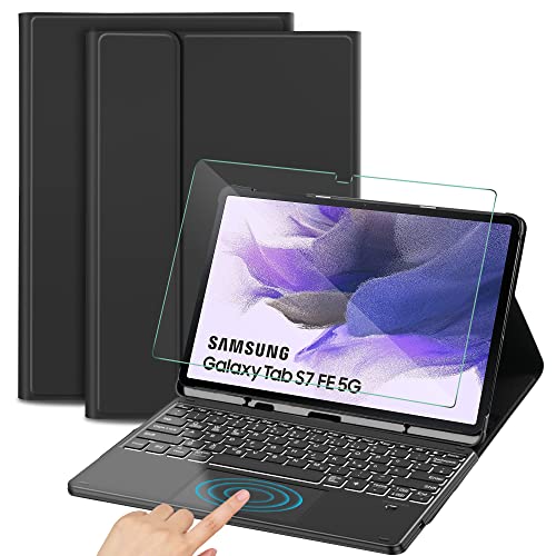 Sross-TEC Tastatur Hülle Kompatibel mit Samsung Galaxy Tab S7 FE & Tab S7+/Tab S7 Plus, QWERTZ Kabellose Beleuchtete Bluetooth Samsung Galaxy Tab S7 FE 12.4 Zoll 2021 Tastatur mit Panzerglas,Schwarz